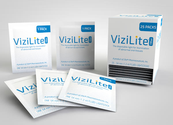 Vizilite oral cancer screening system — individual pouches and 25-pack dispensing box
