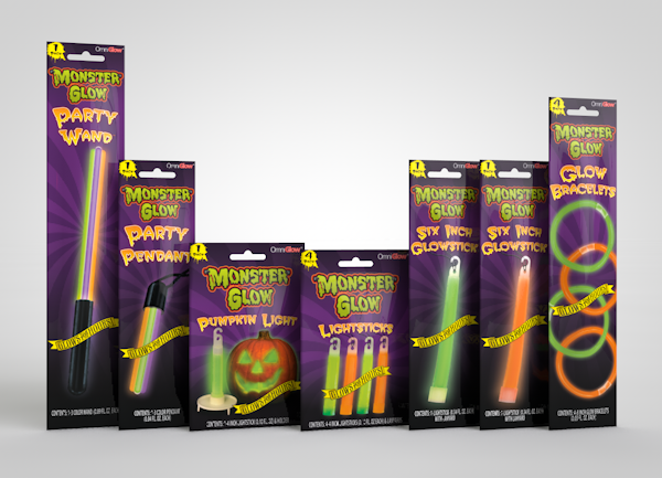 Monster Glow full product family — Party Wand, Pendant, Pumpkin Light, Lightsticks, Bracelets